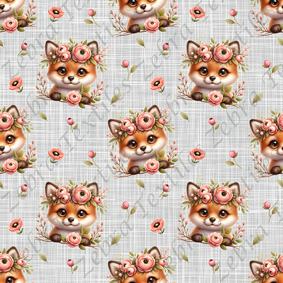 Renard floral rose fond lin gris