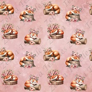 Renard mignon dodo sur tronc fond rosé