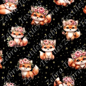 Renard mignon et fleur rose fond étoile dorée