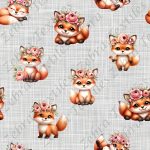 Renard mignon et fleur rose fond lin gris