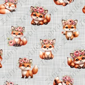 Renard mignon et fleur rose fond lin gris