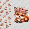 Renard mignon et fleur rose fond lin gris