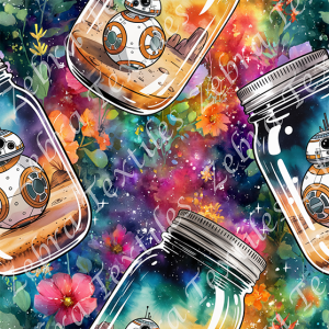 Robot dans un pot fond floral coloré