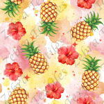 Ananas et hibiscus fond aquarelle
