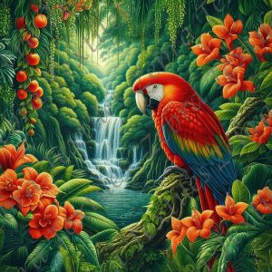 Ara rouge dans la jungle floral