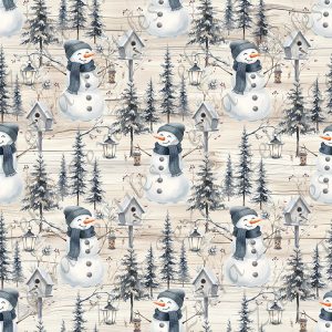 Bonhomme de neige et sapin fond bois