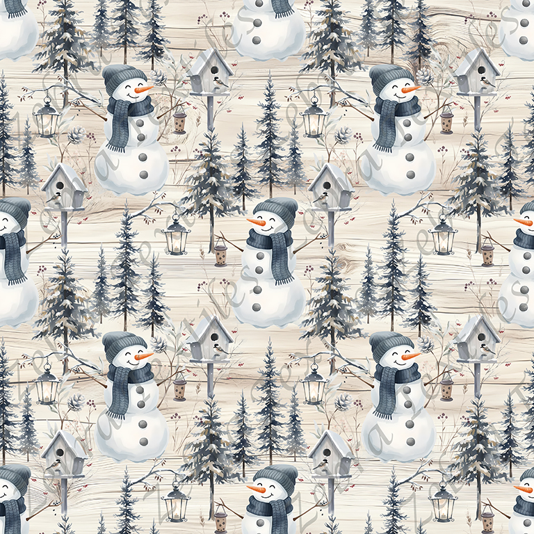 Bonhomme de neige et sapin fond bois