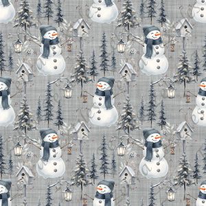 Bonhomme de neige et sapin fond gris