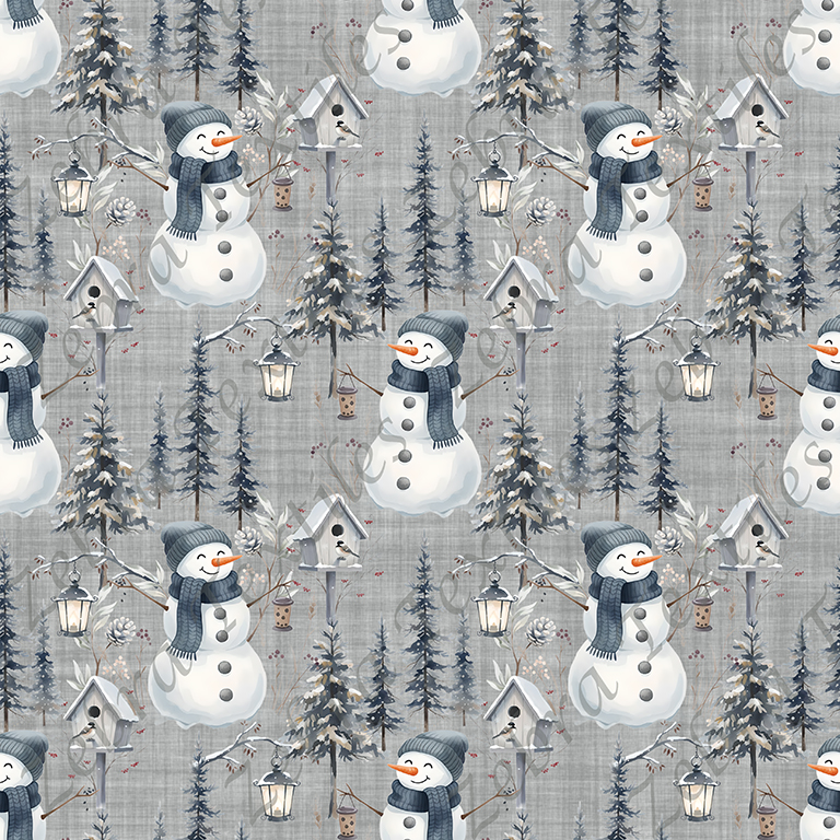 Bonhomme de neige et sapin fond gris