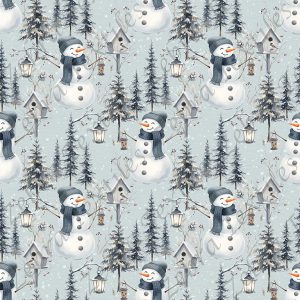 Bonhomme de neige et sapin fond sarcelle