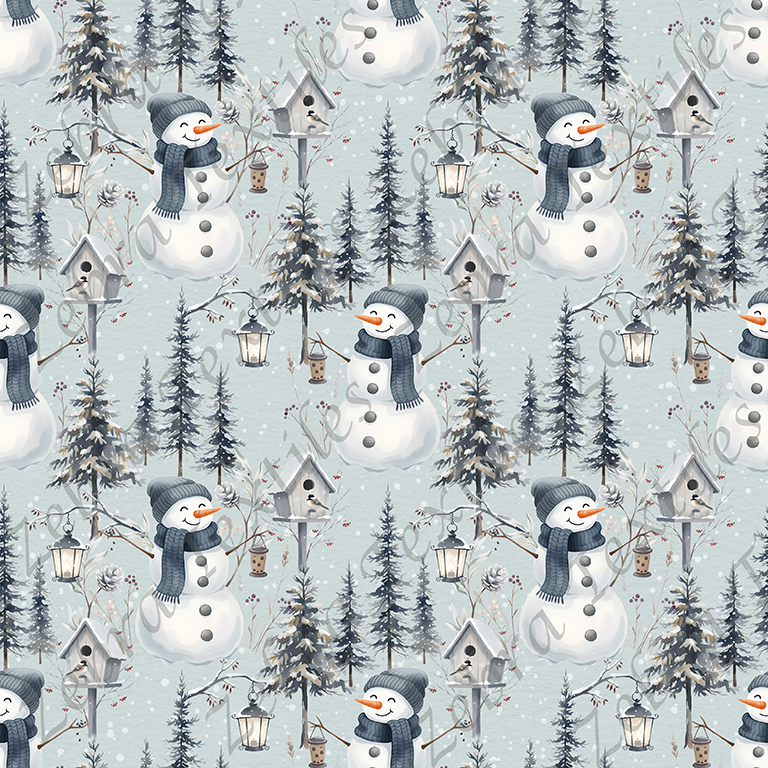 Bonhomme de neige et sapin fond sarcelle
