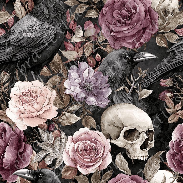 Corbeau skull et fleur aquarelle