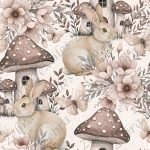 Lapin et maison champignon fond rosé