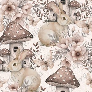 Lapin et maison champignon fond rosé