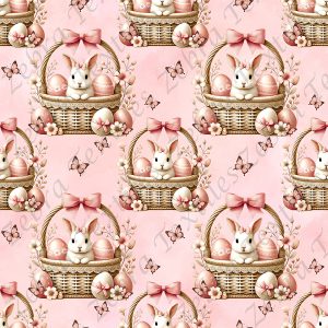 Lapin et panier de Pâques fond rose