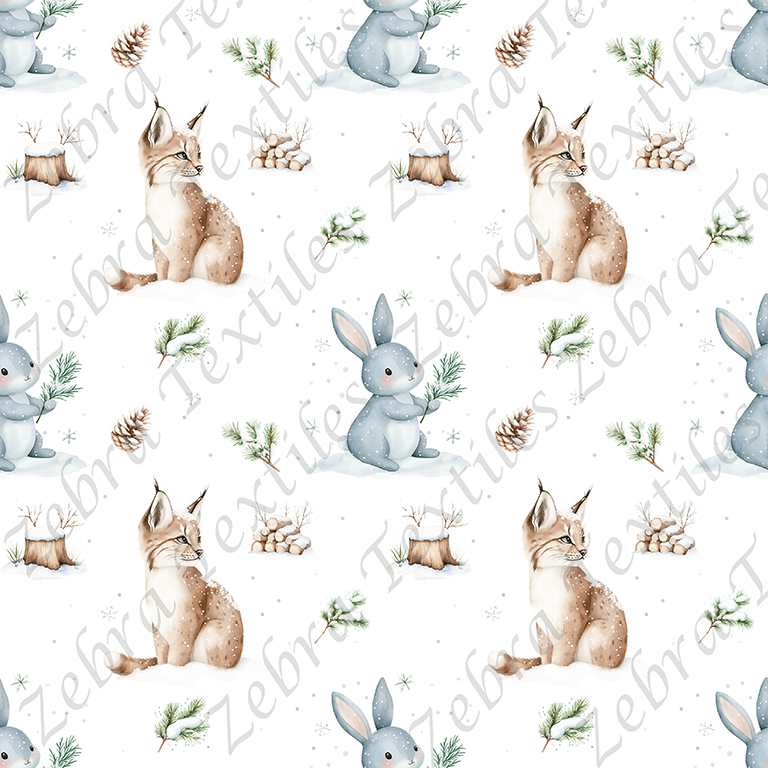 Lynx et lapin en hiver fond blanc