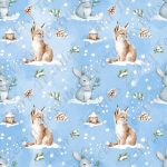 Lynx et lapin en hiver fond bleu