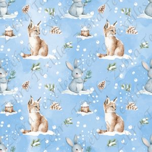 Lynx et lapin en hiver fond bleu