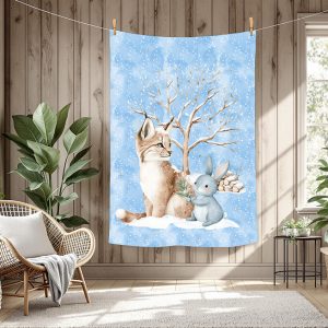 Lynx et lapin en hiver fond bleu panneau simple