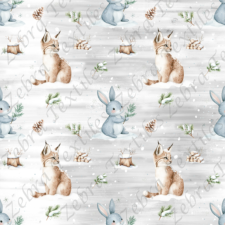 Lynx et lapin en hiver fond gris