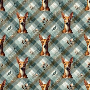 Podenco et feuillage fond plaid