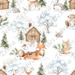 Renard et animaux en hiver fond blanc