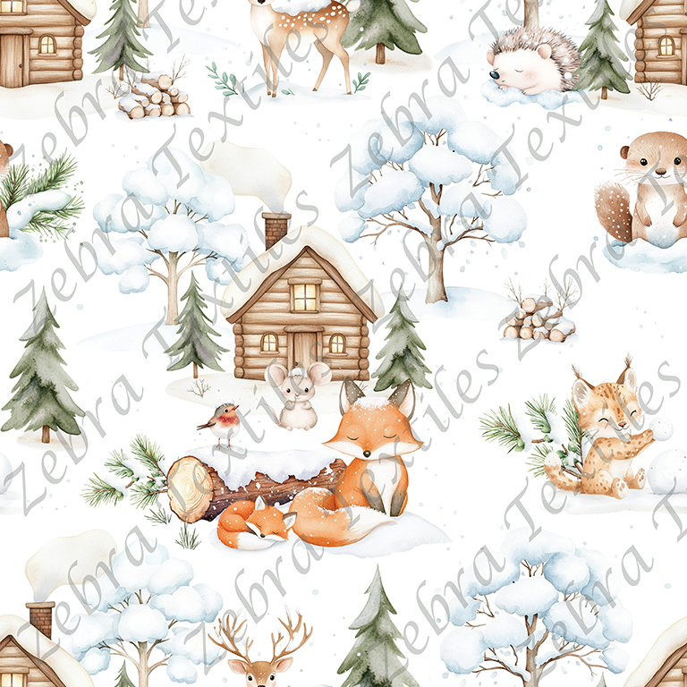 Renard et animaux en hiver fond blanc