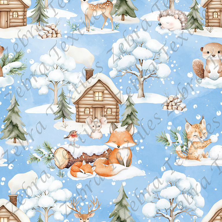 Renard et animaux en hiver fond bleu