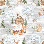 Renard et animaux en hiver fond gris