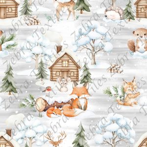 Renard et animaux en hiver fond gris