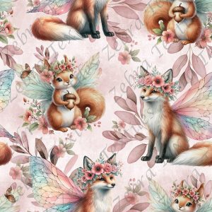 Renard et écureuil floral fond rose