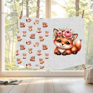 Renard mignon et fleur rose fond lin gris