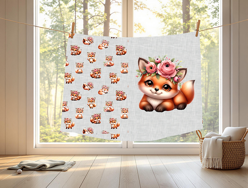 Renard mignon et fleur rose fond lin gris