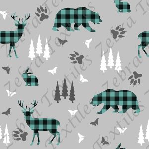 Animal forestier plaid sarcelle fond gris