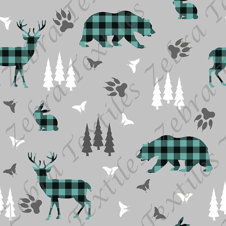 Animal forestier plaid sarcelle fond gris