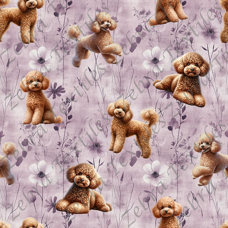 Caniche caramel fond fleur mauve