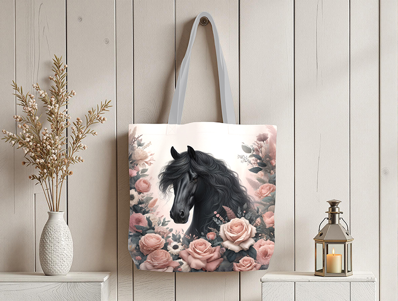 Cheval noir et rose