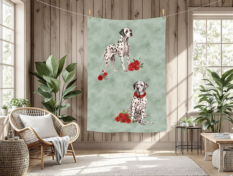 Dalmatien et fleur rouge fond vert