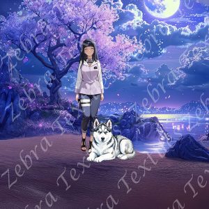 Fille et Husky à la pleine lune