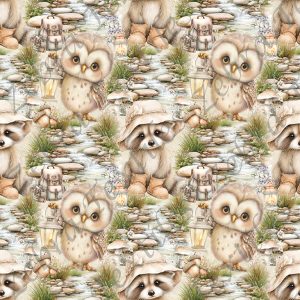 Hibou et raton à la rivière fond beige