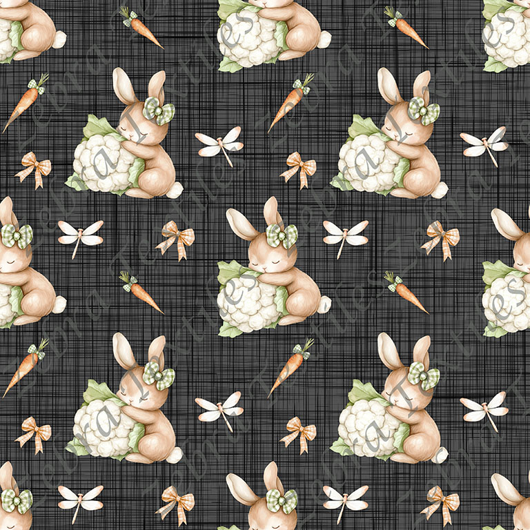 Lapin et chou-fleur fond lin