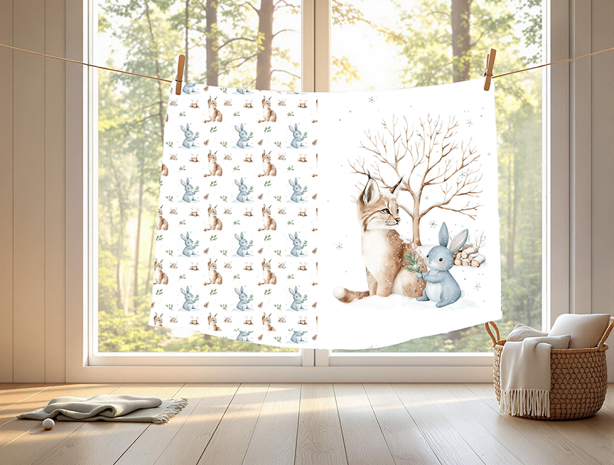 Lynx et lapin en hiver fond blanc