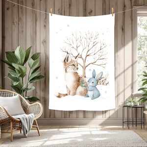 Lynx et lapin en hiver fond blanc