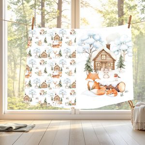 Renard et souris en hiver fond blanc