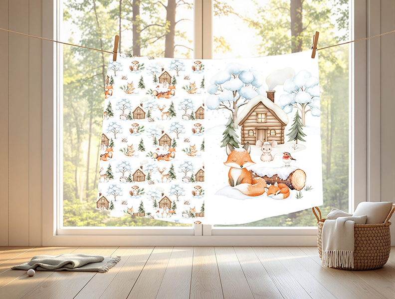 Renard et souris en hiver fond blanc