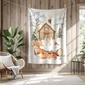 Renard et souris en hiver fond blanc