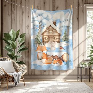 Renard et souris en hiver fond bleu