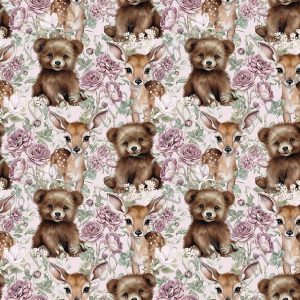 Bambi et ourson floral mauve fond mauve