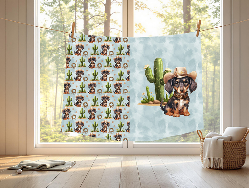 Teckel cowboy fond bleu
