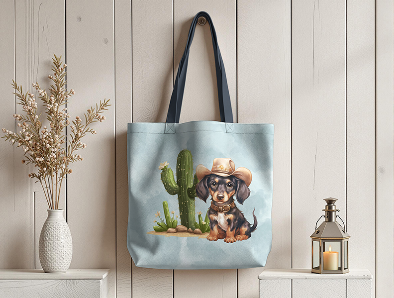 Teckel cowboy fond bleu